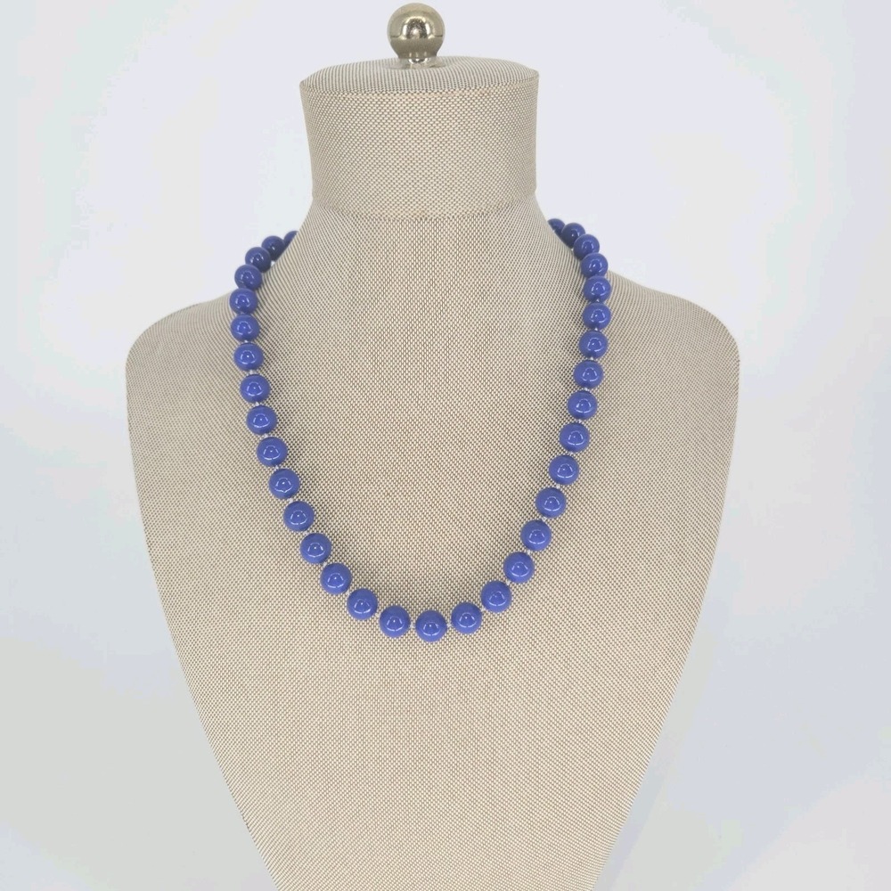 Vintage Cobalt Blue Moonglow Lucite Bead Necklace 18" Knotted Strand Choker VTG